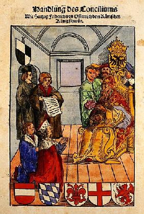 Frederick IV, Duke of Austria, declaring his fealty to the Emperor at the Council of Constance, from