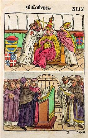 Pope Martin V is installed to the Papacy at the Council of Constance, from ''Chronik des Konzils von