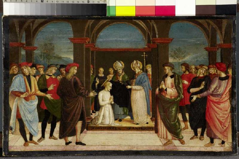 Die Einkleidung des heiligen Augustinus durch den heiligen Ambrosius von um 1500 (Perugino-Nachfolge) Meister