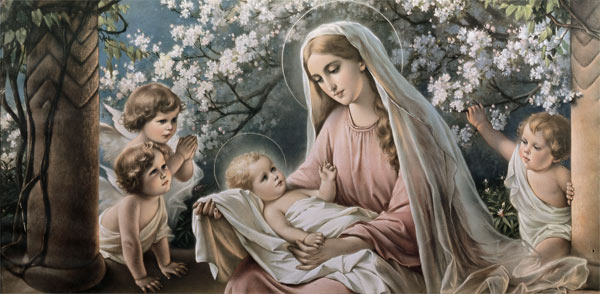 Maria unter Kirschblüten mit Jesuskind und Engeln von (um 1900) Anonym