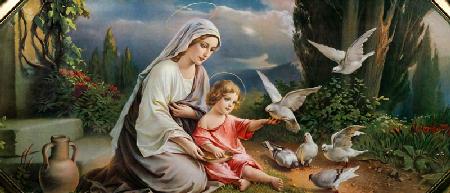 Maria und das Jesuskind mit Tauben spielend in einer idealisierten Landschaft um 1900