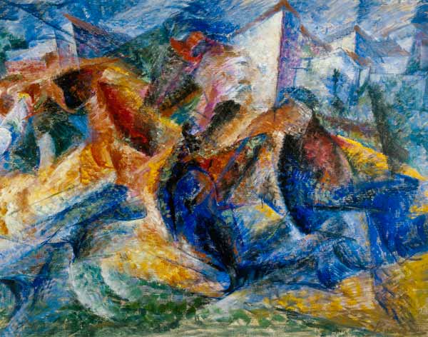 Reiter, Pferd und Häuser von Umberto Boccioni