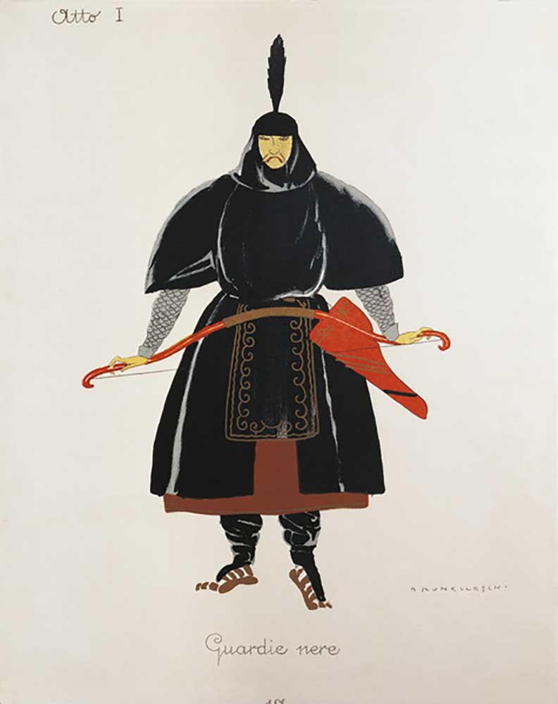 Kostüm für die schwarzen Wachen aus Turandot von Giacomo Puccini, Entwurf von Umberto Brunelleschi ( von Umberto Brunelleschi