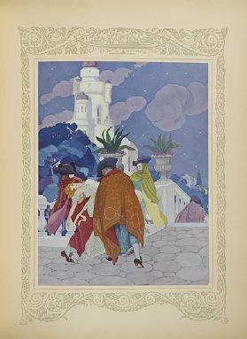 Vier maskierte Männer trugen sie auf die Turmspitze, eine Illustration aus "Contes du Temps Jadis" o 1912
