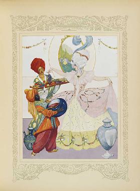 Wir füllten Becken, servierten ihr Obst und Marmeladengläser, Illustration aus Contes du Temps Jadis 1912