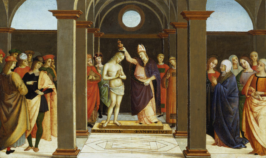 Die Taufe des heiligen Augustinus durch den heiligen Ambrosius von Umbrischer Meister um 1500