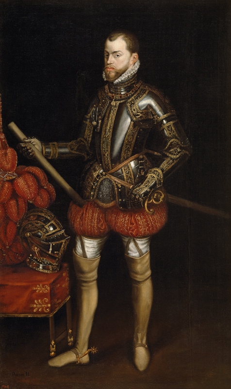 Porträt von König Philipp II. von Spanien (1527-1598) in der Rüstung von der Schlacht bei Saint-Quen von Unbekannter Künstler