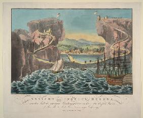 Ansicht der Insel St. Helena von der Seite des einzigen Landungsplatzes in der Nähe des Fort James 1815