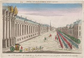 Ansicht und Perspektive des Ausritts des Königs von Polen in Warschau mit seinem Palast 1735