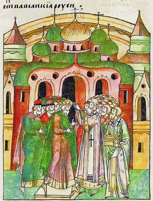 Bischof Neophytos krönt Wladimir Wsewolodowitsch mit der Mütze des Monomach. (Aus der Illustrierten  von Unbekannter Künstler