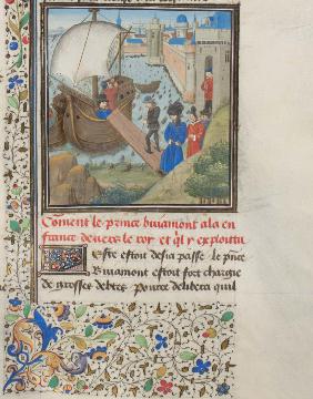 Bohemund von Tarent reist nach Apulien zurück. Miniatur aus der "Historia" Wilhelms von Tyrus