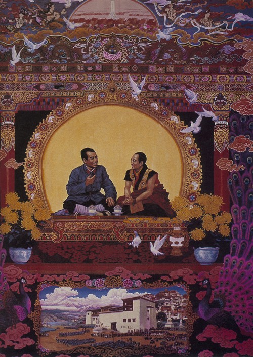 Das Treffen Zhu De mit dem Lebenden Buddha Geda 1936 von Unbekannter Künstler