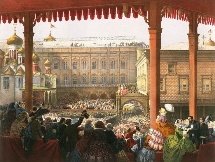 Der Kaiser Alexander II. grüßt das Volk von der Roten Treppe von Unbekannter Künstler