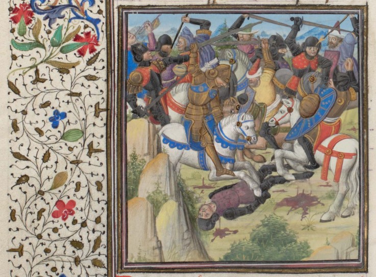 Der Kampf zwischen Christen und Sarazenen unter der Führung Saladins. Miniatur aus der "Historia" Wi von Unbekannter Künstler