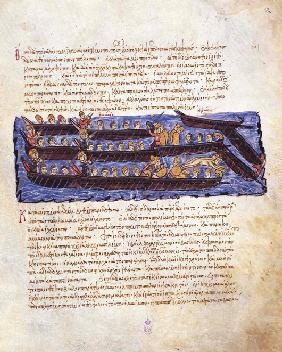 Die Abwehr des Angriffs auf Konstantinopel durch die byzantinische Kriegsflotte (Miniatur aus der Ma