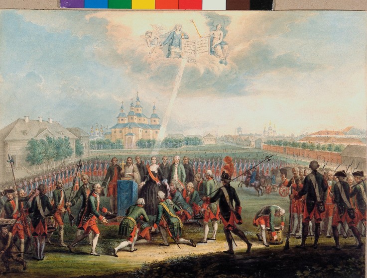Die jubelnde Begrüssung der Katharina II. von dem Ismailowski-Regiment am Tag der Palastrevolution a von Unbekannter Künstler