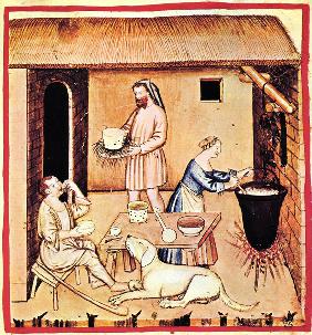 Die Käseherstellung. Miniatur aus dem Tacuinum Sanitatis