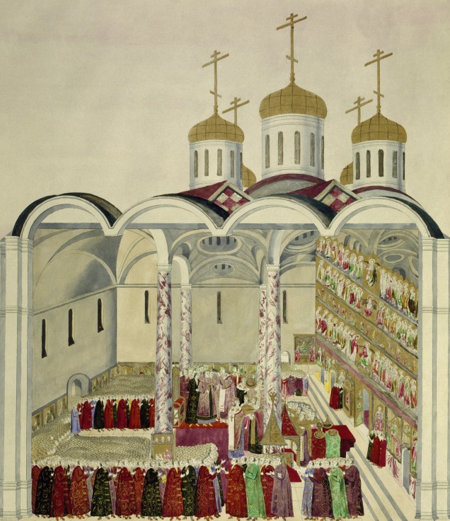Die Krönungsfeier des Zaren Michail Fjodorowitsch (Michael I.) im Moskauer Kreml am 11. Juli 1613 von Unbekannter Künstler