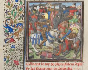 Die Schlacht zwischen den Kreuzfahrern und Sarazenen. Miniatur aus der "Historia" Wilhelms von Tyrus