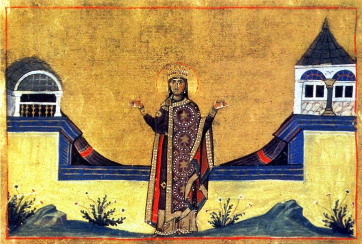 Die selige Kaiserin Theophania, Gemahlin des Kaisers Leo (Miniatur aus Menologion Basileios' II.) von Unbekannter Künstler