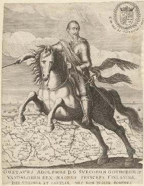 Gustav II. Adolf vor einer Karte von Pommern im Hintergrund 1630