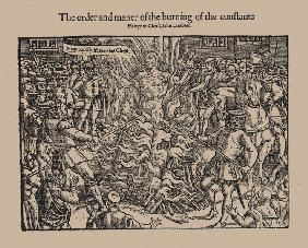 John Lambert. Illustration aus Acts and Monuments (Buch über die Märtyrer) von John Foxe 1563