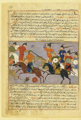 Kampf zwischen Mongolen und Chinesen 1211. Miniatur aus Dschami' at-tawarich (Universalgeschichte)