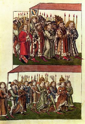 König Sigismund und Königin Barbara auf dem Zug ins Münster (Illustration aus der Richentals Chronik