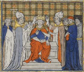 Krönung und Salbung Ludwigs IV. in Laon von der Hand Erzbischof Artolds von Reims. Aus Grandes Chron