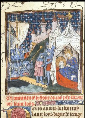 Ludwig der Heilige stirbt auf dem Kreuzzug vor den Mauern von Tunis (Aus Chroniques de France ou de 
