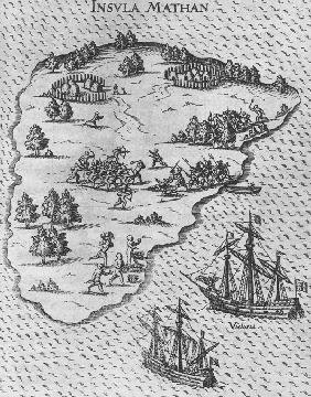 Magellans Tod auf der philippinischen Insel Mactan. (Aus "Beschreibung der wunderbarsten vier Schiff 1626