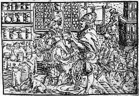 Operation am Kopf eines Mannes. Aus: Die große Wundarzney von Theophrastus Bombastus von Hohenheim 1562