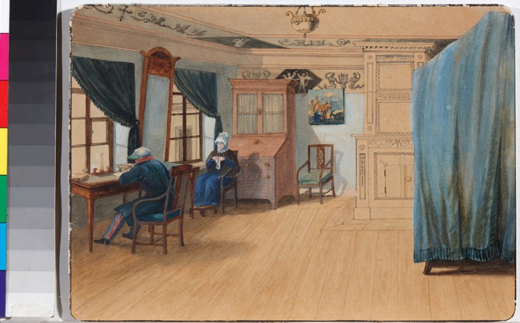 Schlafzimmer Interieur. Graf Jegor Franzewitsch Kankrin (1774-1845) am Arbeitstisch von Unbekannter Künstler