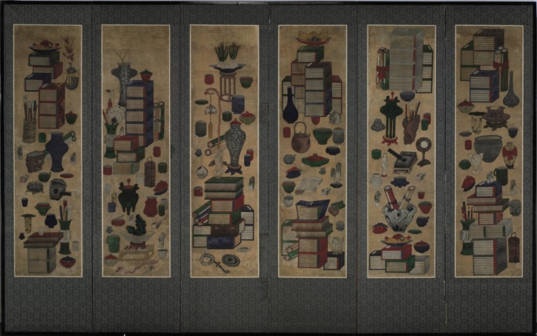 Studienausrüstung (Ch'aekkori). Sechsteiliger Wandschirm von Unbekannter Künstler