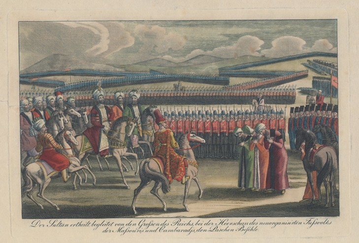 Sultan Selim III. begleitet von den Grossen des Reichs, bei der Heerschau des neuorganisierten Fussv von Unbekannter Künstler