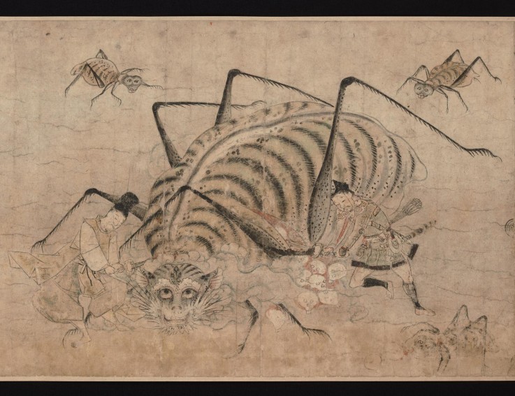 Yorimitsu tötet Tsuchigumo (Detail von dem Rollbild "Tsuchigumo no Soshi Emaki") von Unbekannter Künstler