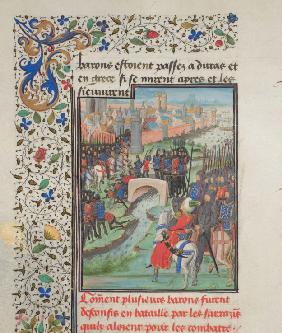 Zusammenstoß der Armee der Barone mit den Sarazenen. Miniatur aus der "Historia" Wilhelms von Tyrus