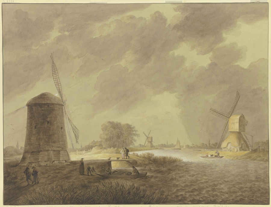 Windmühlen an einem Fluß bei stürmischem trübem Wetter von Ursula Magdalene Reinheimer