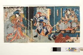 Munesada, Kuronushi und Komachi am Pass von Ausaka (Aus dem Kabuki-Schauspiel Die junge Dichterin On 1850