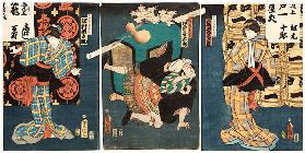 Bühnenszene aus dem Kabuki-Schauspiel Die Begegnung der Rivalen im Vergnügungsviertel 1861
