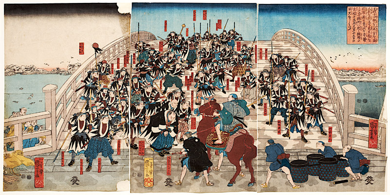 Die herrenlosen Samurai kehren über die Ryogoku-Brücke zurück von Utagawa Kuniyoshi