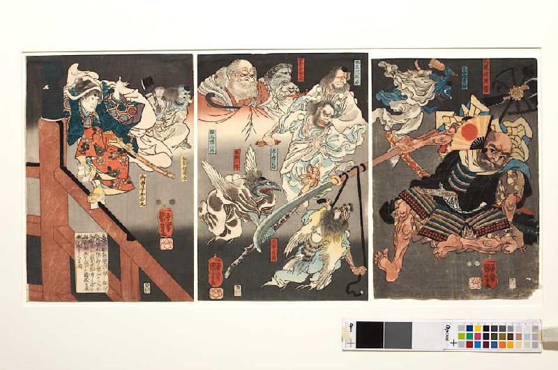 Auf der Brücke kämpfen Ushiwakamaru und der Tengu gegen Benkei von Utagawa Kuniyoshi