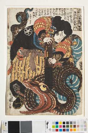 Jiraiya besiegt die Riesenschlange (Aus der Serie Ein jeder der 108 Helden aus dem Suikoden-Roman un Um 1843
