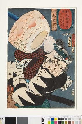 Masatatsu erwehrt sich des glühenden Kohlenbeckens (Aus der Serie Die wahrhaft treuen Gefolgsleute i 1852