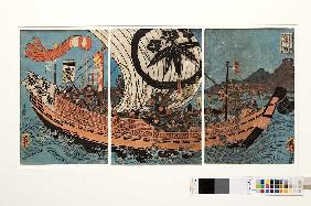 Tametomo und sein Gefolge auf ihrem Schiff, mit Oniyasha als Lotse Um 1842