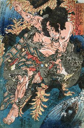Rokusuke kämpft mit den Wassermännern (Aus einer unbetitelten Serie von Kriegerdarstellungen) Um 1840