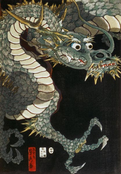 A dragon and two tigers - links von Utagawa Sadahide