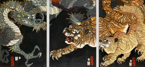A dragon and two tigers von Utagawa Sadahide