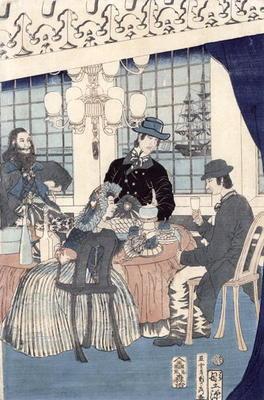 The salon of a house of foreign merchants at Yokohama, 1861 (colour woodblock print) 17th