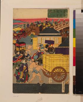 Der Wohlstand in Nihonbashi in Tokyo. (Tokyo Nihonbashi han ei no zu) Triptychon 1861